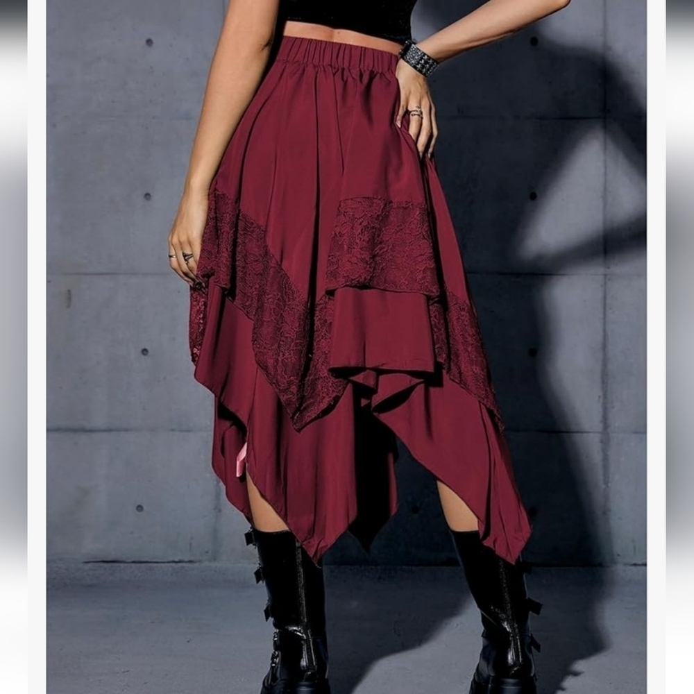 Burgundy Asymmetrical Hi Low Skirt With Lace Detail - Picture 2 of 16